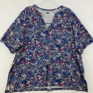 Lands' End size 3X Blue Purple Floral V neck Stretch Short Sleeve Blouse Office